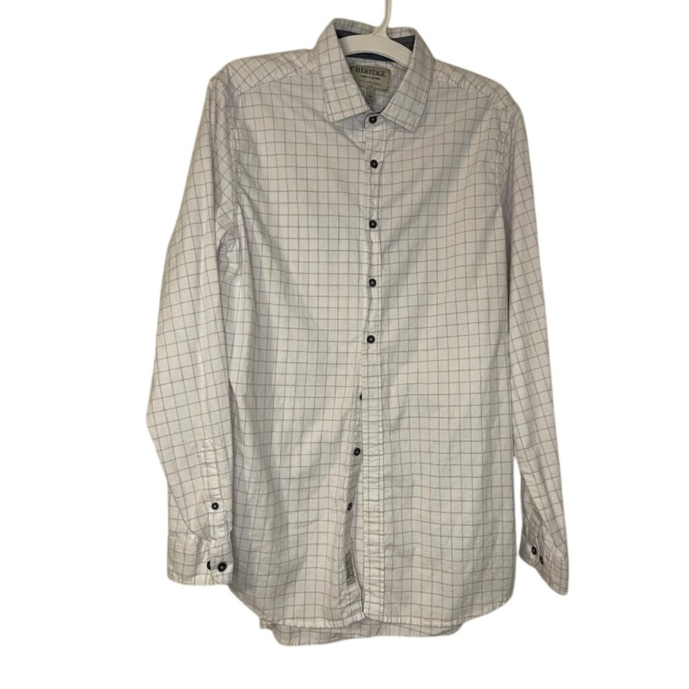 Heritage1981 Mens Long Sleeve Button Down Shirt White Gray Plaid